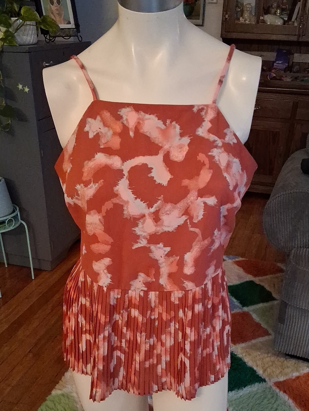 Women’s Rust Pink Printed Pleated Hem Spaghetti Strap À